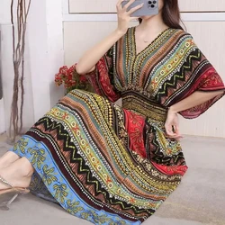 Casual Elegant Retro Bohemian National Style V-neck Elastic Waist Large Swing Printed Summer Long Skirt Woman Dress Clothes