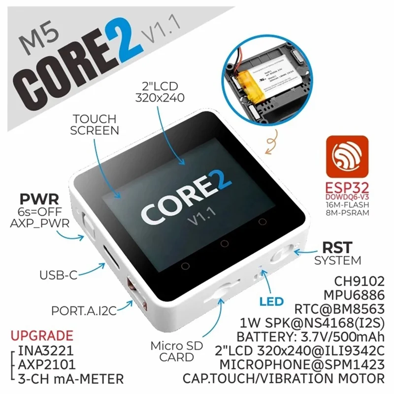 

Превосходный комплект для разработки сенсорного экрана Core2 V1.1 ESP32, Wi-Fi, Bluetooth, управление графическим программированием