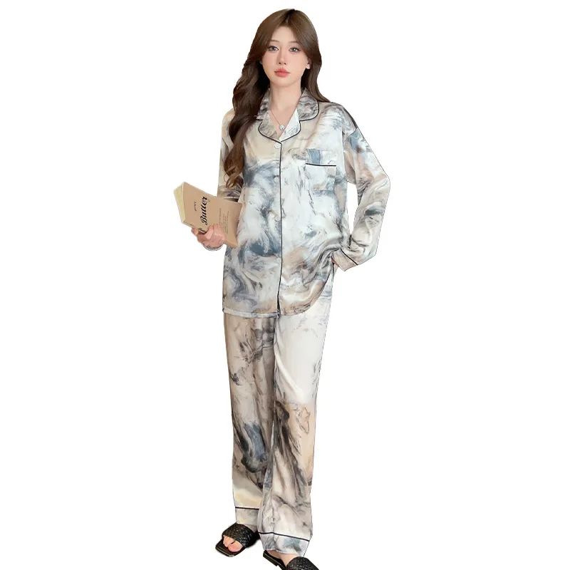 Women 2 Piece Pajamas Set Ink Floral Pijama Faux Silk Satin Pyjama Female Sleepwear Long Sleeve Lapel Shirt Pants Suits Homewear