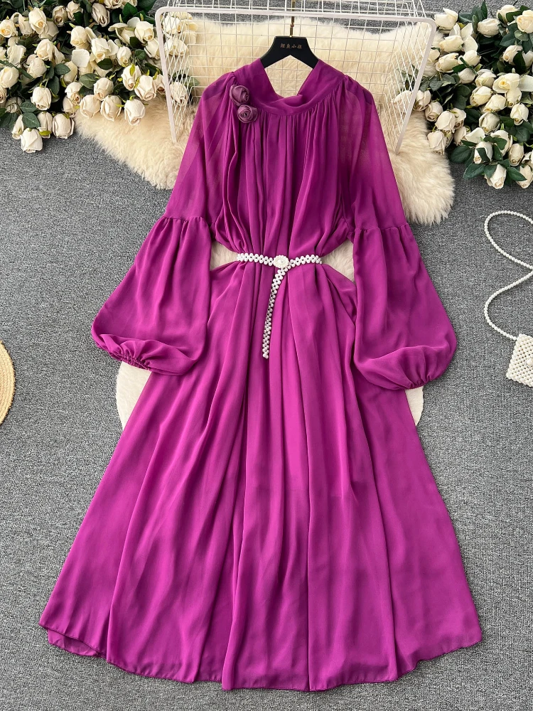 

Women Elegant French Vintage Stand Neck Lantern Sleeves Dress Spring High Waist Loose Chiffon Flower Fold Party Vacation Robe