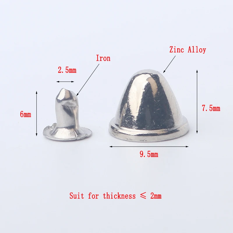 100sets 9.5x7.5mm Zinc Alloy Cone Rivets Studs Spots Nailhead Spikes Bracelet Clothes DIY Garment Accessory