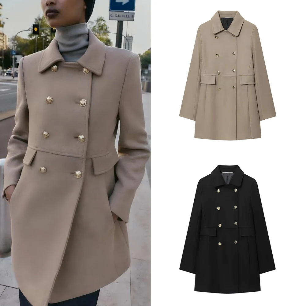 

Women's 2025 new short warm Lapel double breasted wool blend Coat retro long sleeved pocket women's Coat chic top