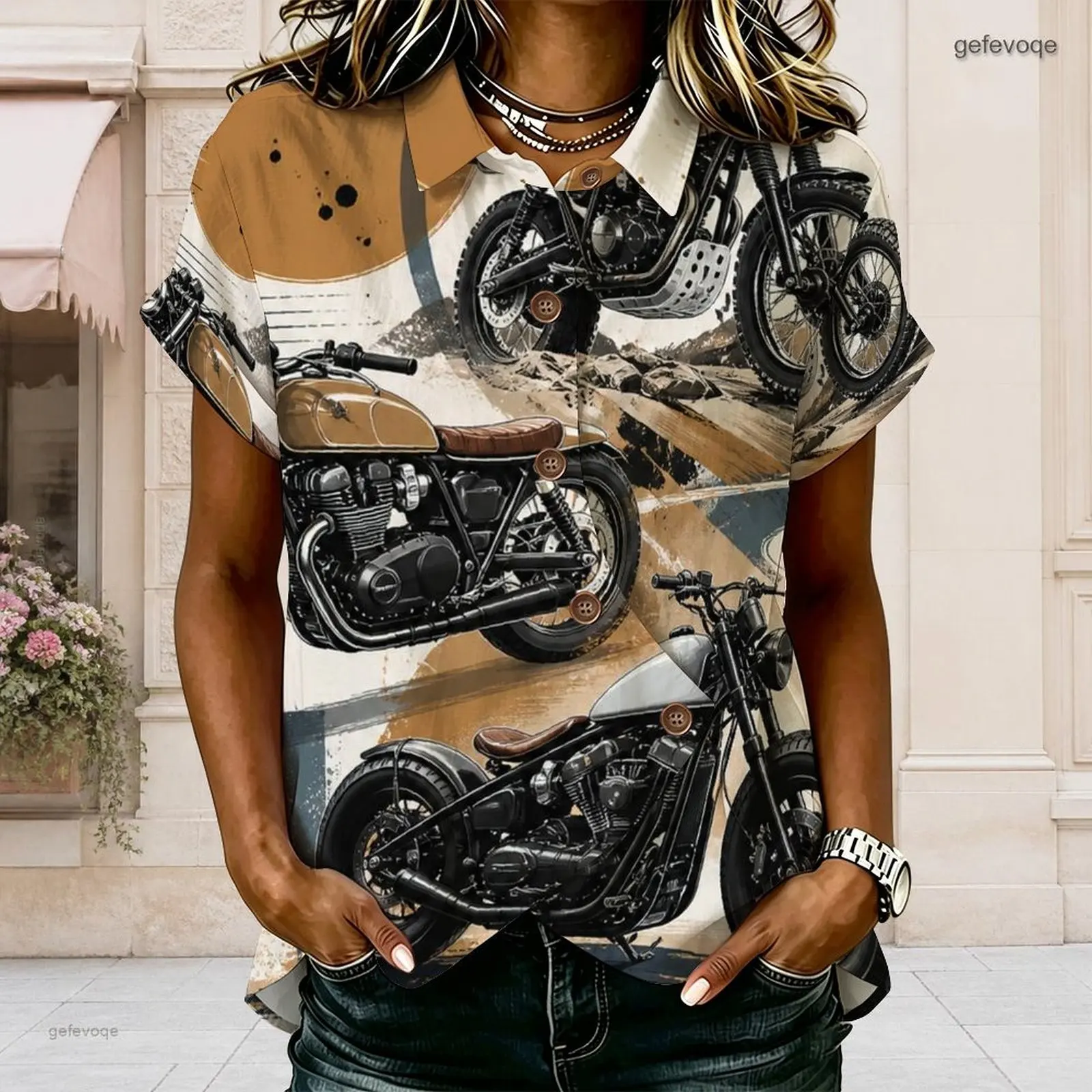 Women Shirt with Print Collared Neck Short Sleeve Button Front Cross Hem