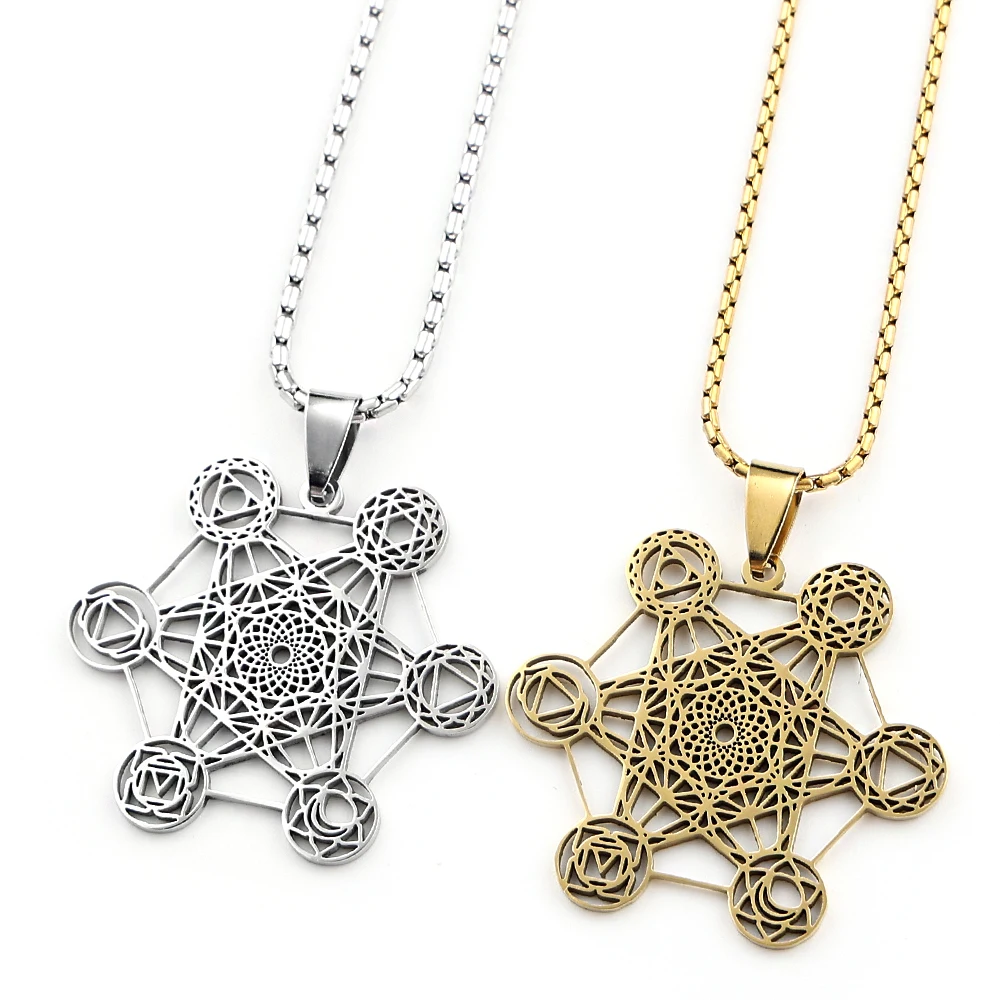 Yoga Hindu Buddhism 7 Chakra Stainless Steel Pendant Necklace Sacred Geometry Hollow Angel Seal Metatron Symbol Chain Jewelry