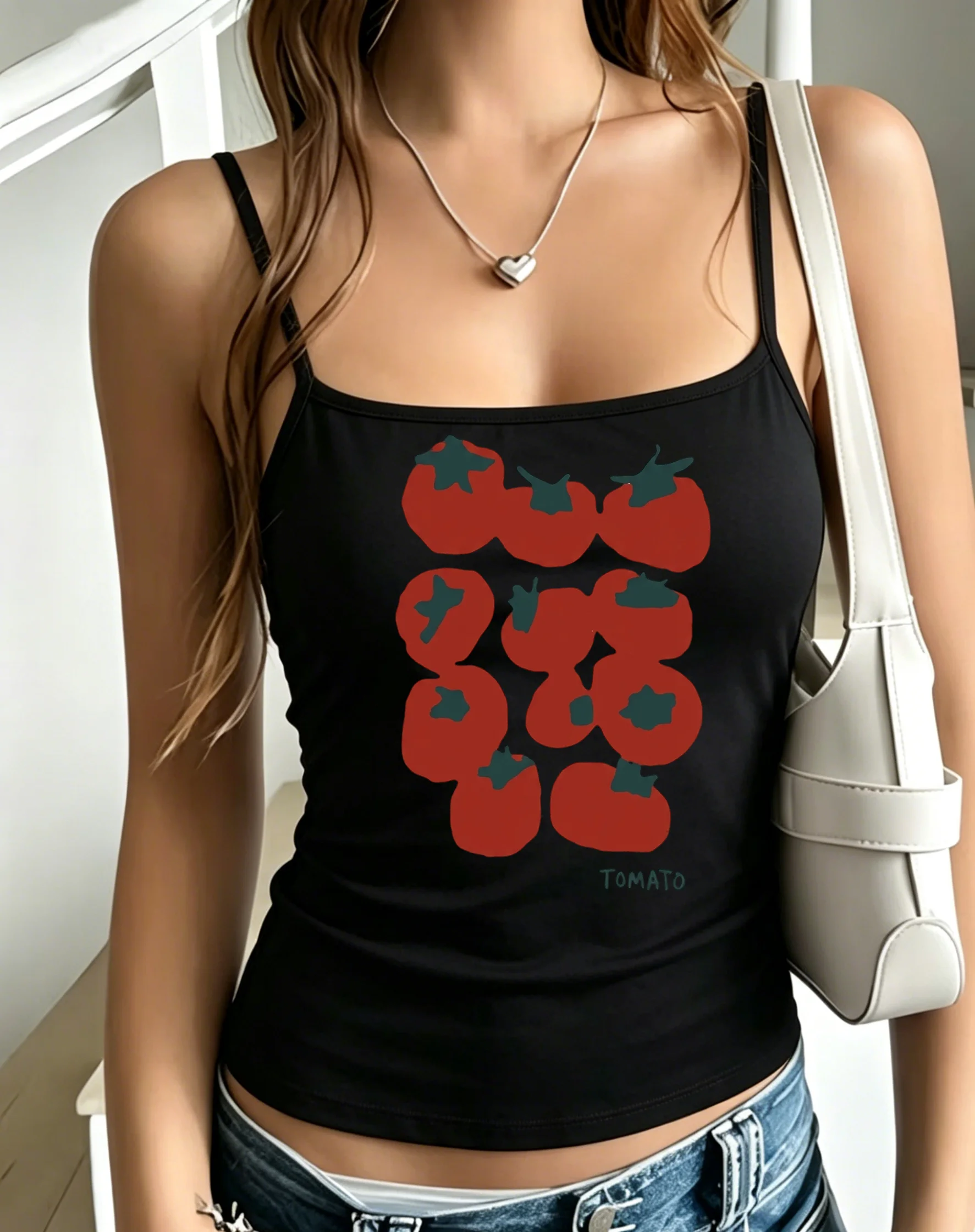 Women Minimalist Tomato Print Spaghetti Strap Camisole Coquette Slim Sleeveless Tank Top Summer 2 Color Casual Aesthetic Vest