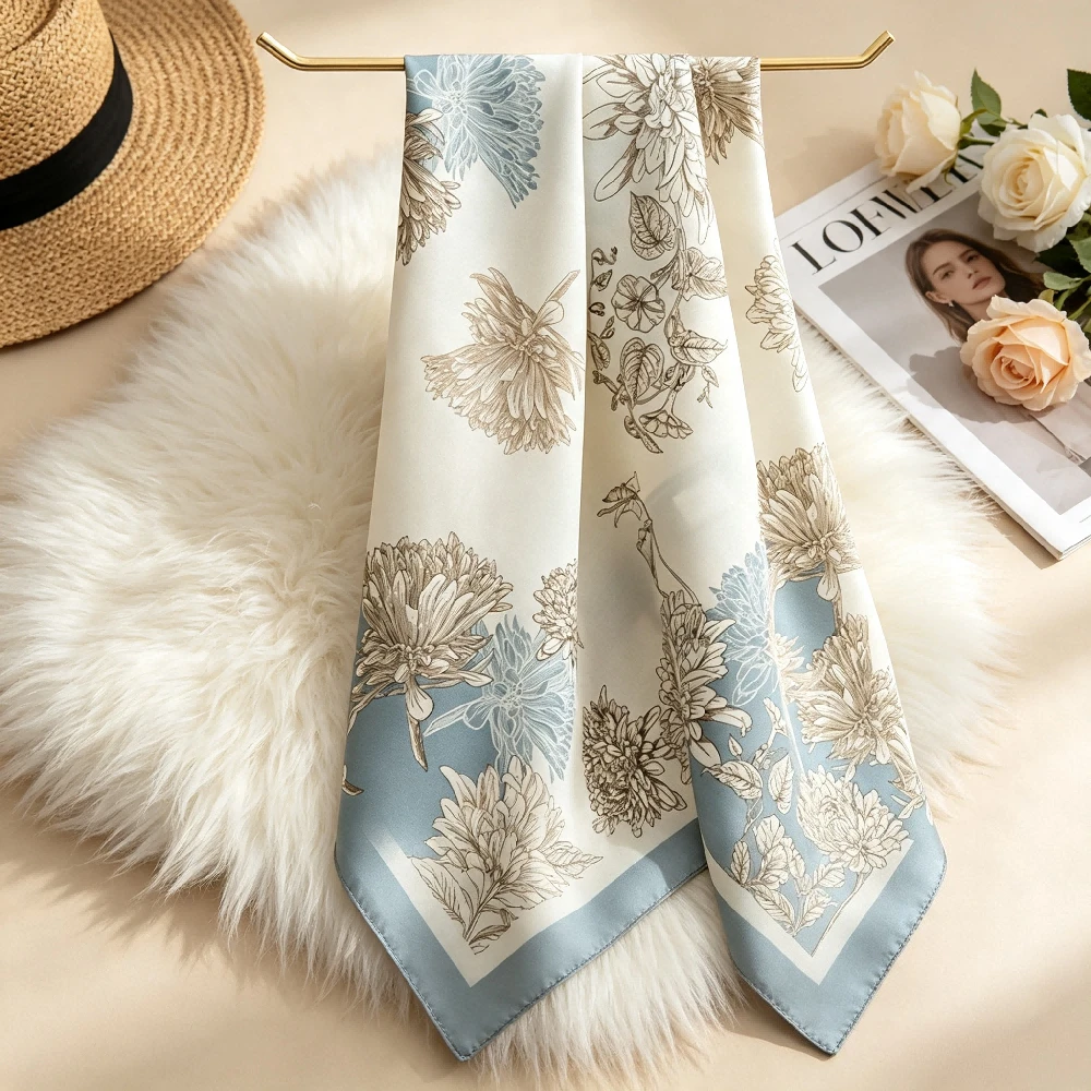 Fresh and Elegant Flower 70 Square Scarf Imitation Silk Scarf Headscarf Spring and Summer Printed Scarf Scarf Professional Scarf
