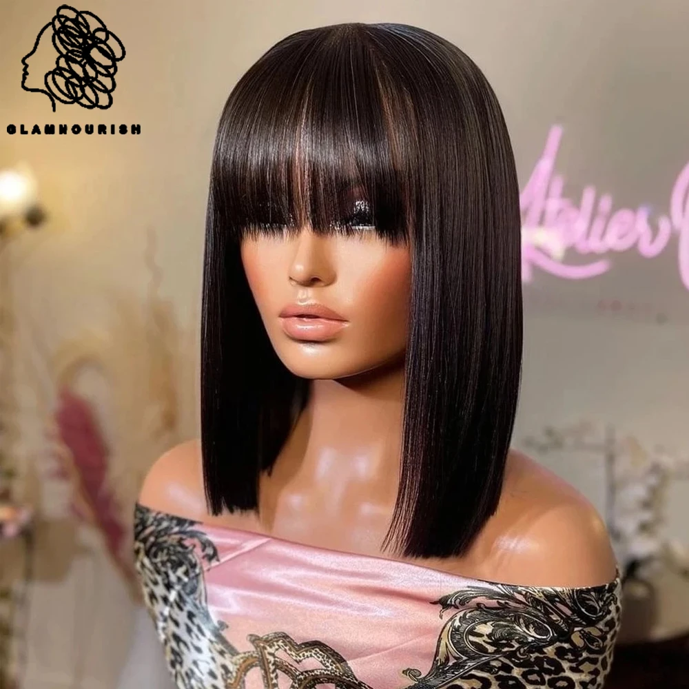 Straight Bob Human Hair Wigs With Bang Full Machine Made Wigs Brazilian Remy Human Hair Bob Wigs For Black Woman 10 12 inch