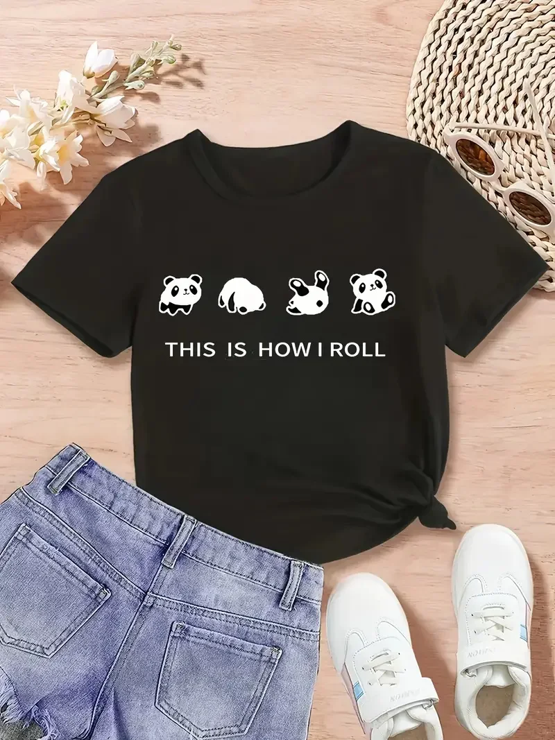 This Is How Roll Panda Crew Neck Casual Short Sleeve Print Funny Designer shirt Vintage Summer Graphic T-shirt for Women