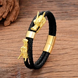 Gold-Plate Chinese Style Dragon Men's Bracelets Multilayer Leather Charm Bracelet for Women Handmade Jewelry and Accessories