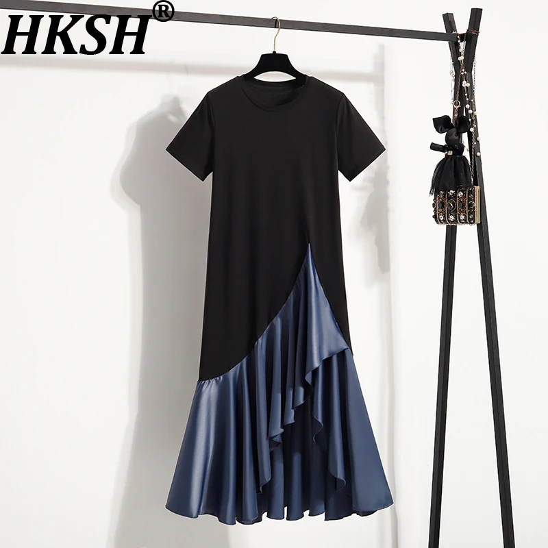 HKSH ฤดูร้อนใหม่ผู้หญิงแฟชั่นรอบคอสั้นเสื้อยืด TOP ชุดแนวโน้ม Patchwork พับ Elegant Dark Chic INS HK9445