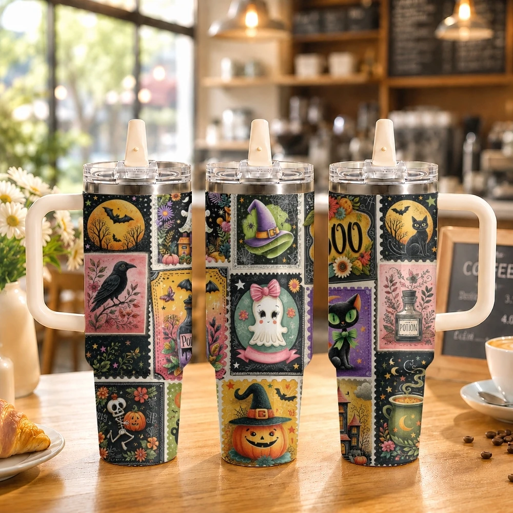 Halloween Stamp Designs Vacuum Flasks 40oz Stainless Steel Tumbler with Handle Straw Lid Vacuum Insulated Double Wall Leak Proof