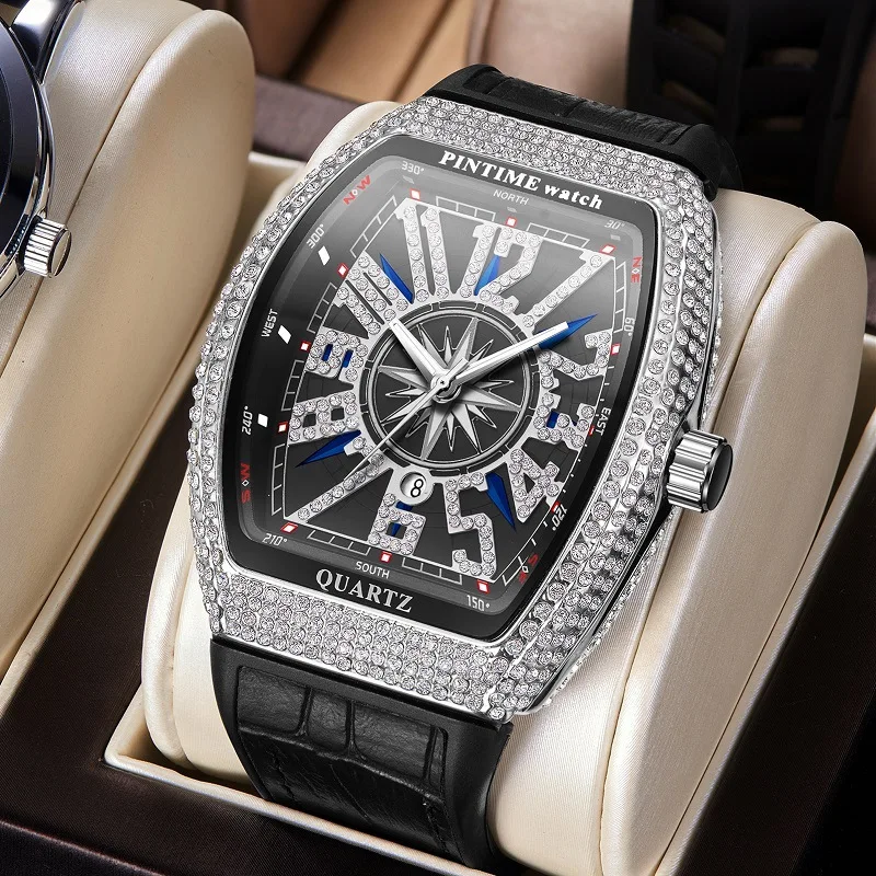 

PINTIME Quartz Watch Men Creative Diamond Hip Hop Watches Skeleton Luxury Military Man Wrist Watch zegarek meski montre homme