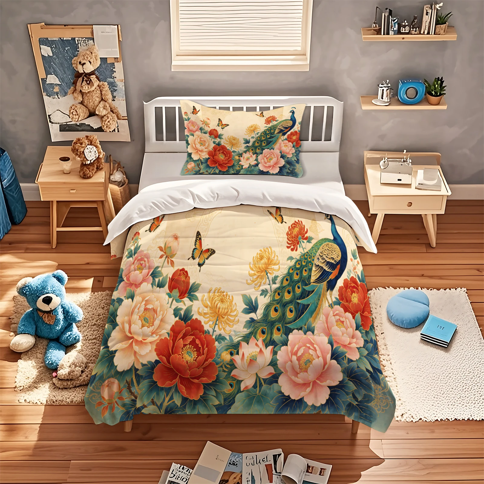 Peacock Floral Duvet Cover Set Chinese Style Peony Lotus Chrysanthemum Butterfly Print Bedding Set Soft Polyester Quilt Cover