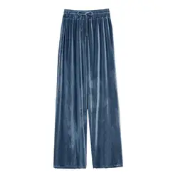 Big size Autumn Women Wide Leg Pants Casual High Elastic Waist Pockets velvet pants Fashion elegant Winter velour Trousers