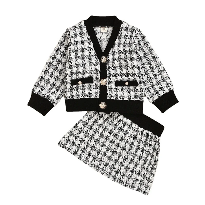 Children's Girls Set Autumn Houndstooth Long Sleeve Cardigan Short Skirt Suits Coat Clothes Sweet Baby Girl Kids 2Pcs Outfits