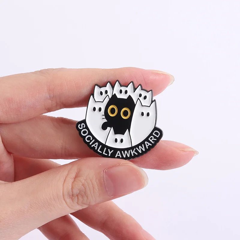 Socially Awkward Badge Brooch Pins Cartoon Black White Cats My Social Battery Is Low Enamel Lapel Pins Accessory On Backpack Clo