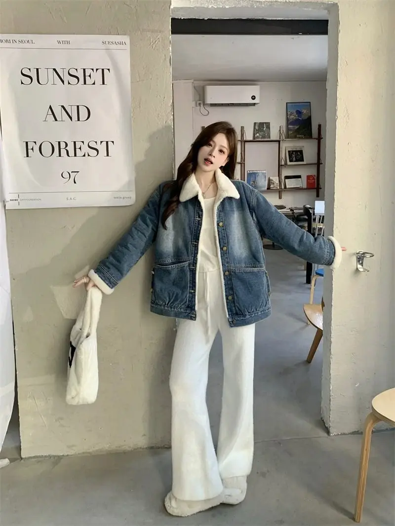 

Denim Coat With Real Sheep Lamp Winter Fur Plush Womens Transition Season Fitted Anti-Odor Elegant Preppy Style Professional Y2K