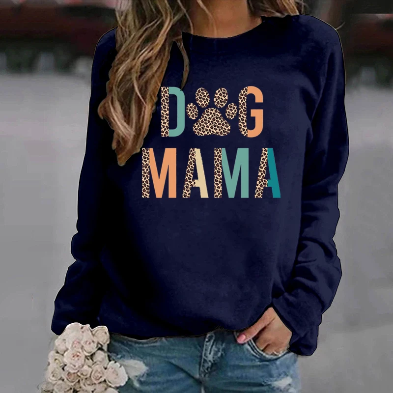 Women Fashion Leopard Dog Mama Dog Paw Print Round Neck Pullovers Casual Sport Outdoor Long Sleeves Ladies Hoodeless Sweatshirts