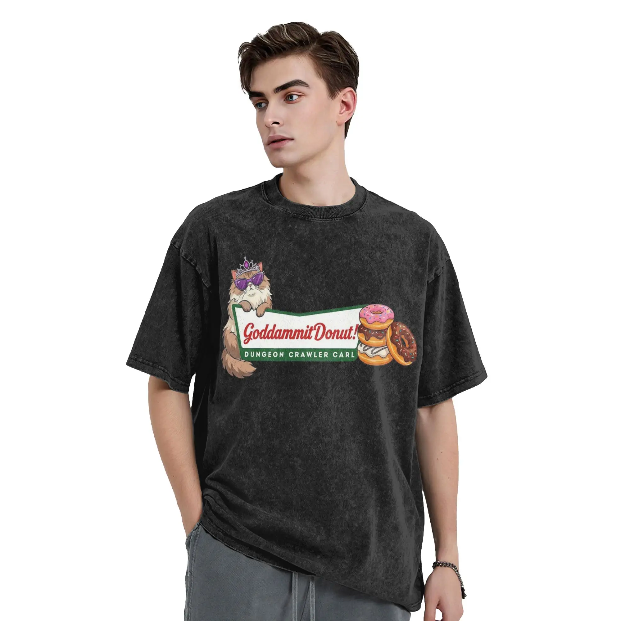 Goddammit Donut Dungeon Crawler Carl Washed T Shirts Streetwear Hip Hop Retro T-Shirt Tees Tops for Men Women 100% Cotton
