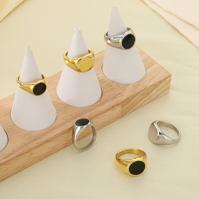 10pcs/lot Wholesale #6 - #12 Stainless Steel Oval Black Enamel Signet Ring