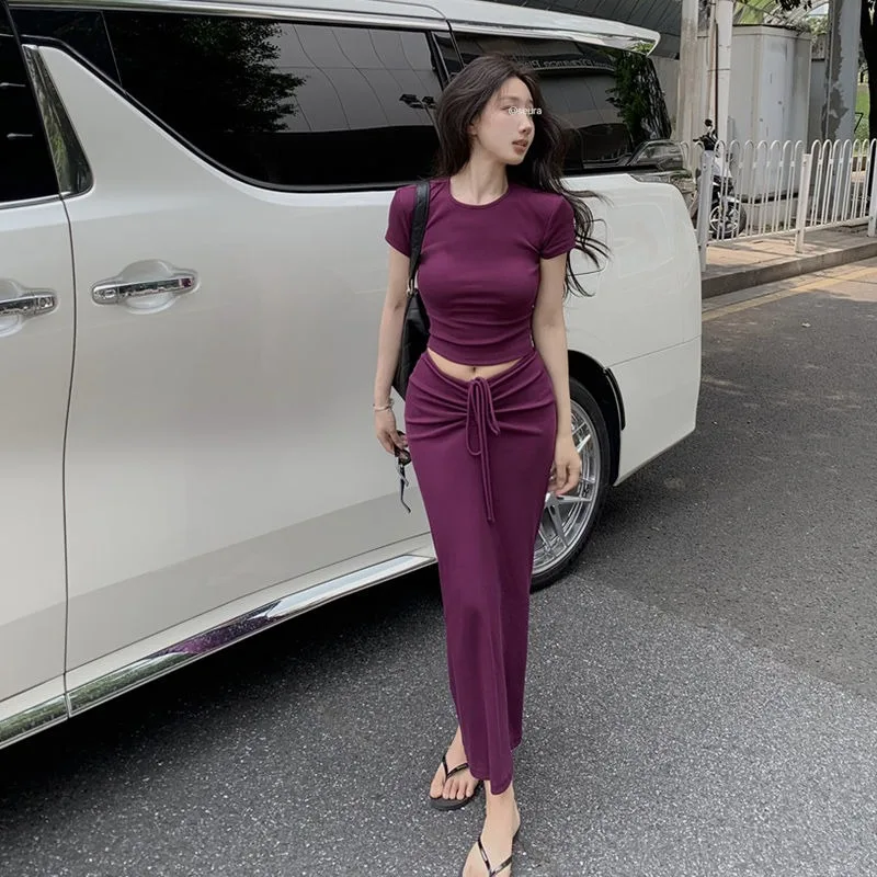 

Комплект футболки и юбки с хвостом Fi Ele Purple ort Sve, женский комплект с поясом с высокой талией, облегающее трапециевидное платье Dr