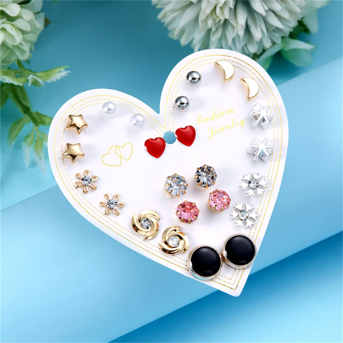 12Pairs/Set Delicate Elegant Flower Heart Butterfly Stud Earrings For Women Bohemia Mini Geometric Bow Zircon Earrings Jewelry