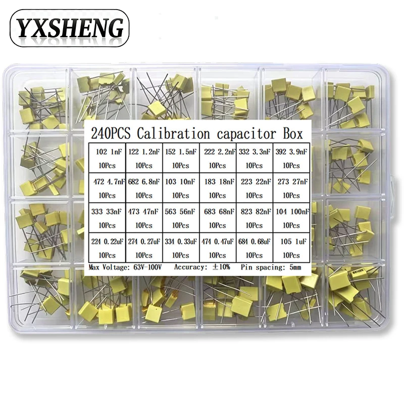 24Value Correction Capacitor KIT 240PCS 63V-100V 102J-105J Polypropylene Safety Plastic Film With Box