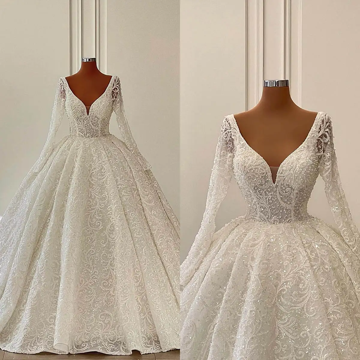 

Vintage Ball Gown Wedding Dresses V Neck Long Sleeves Bridal Gown Sequins Lace Appliques Sweep Train Customized Dress