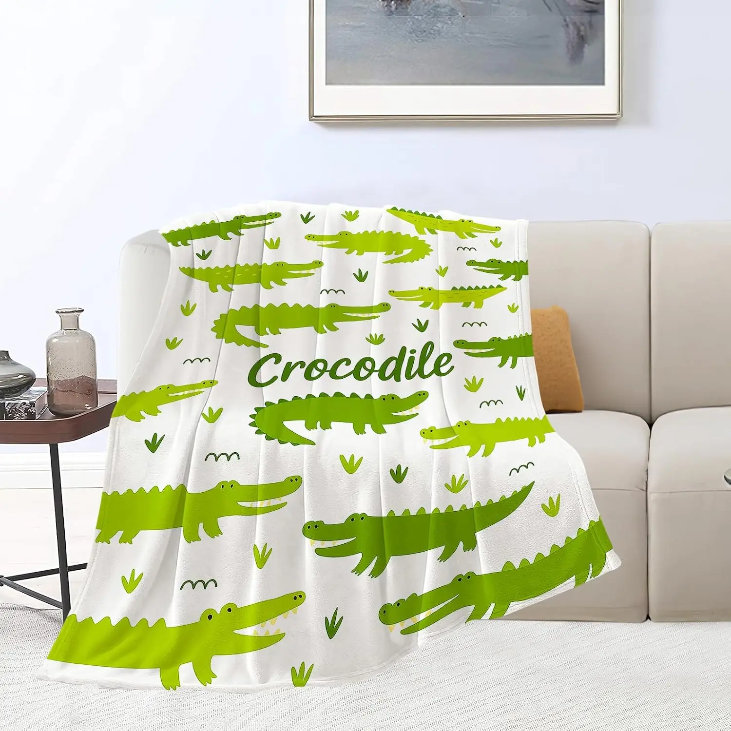 Cartoon Green Crocodile Grass White Base Letter Print Flannel Throw Blanket, Soft Warm Sofa Cover, Animal Gift For Kids Bedroom