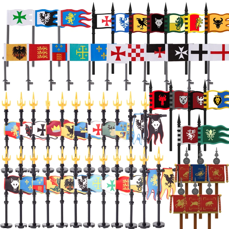 Medieval Castle Banner Knight Flag Accessories Building Blocks Royal Army Warrior Military Legion Soldier Wolf Eagle Bricks Toys