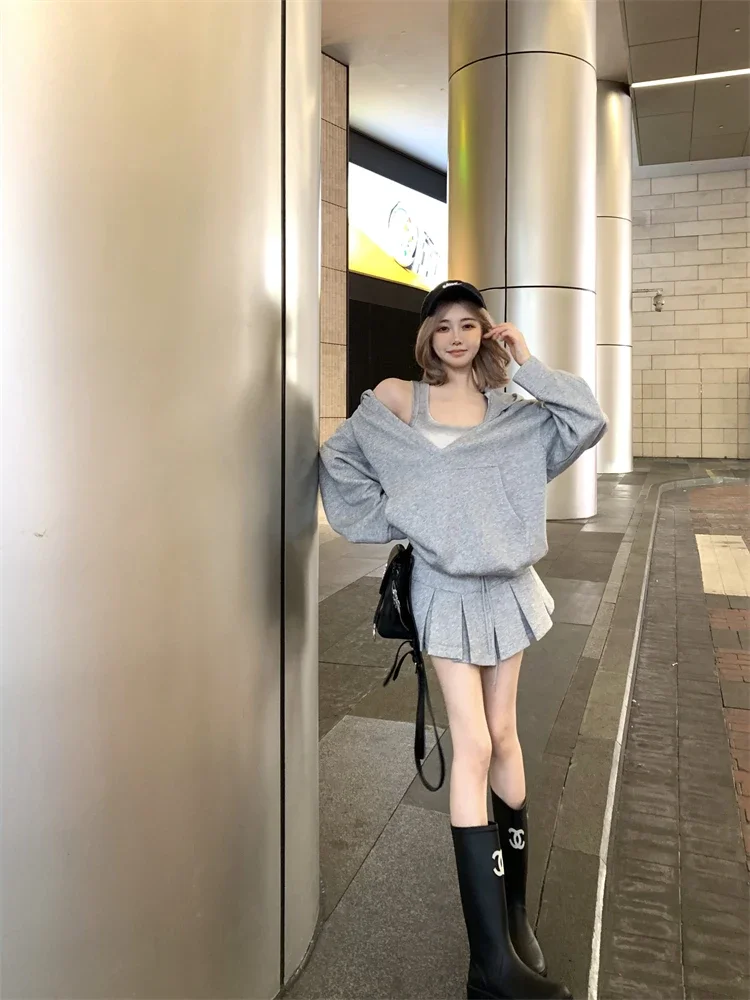 ADAgirl White V-neck Oversized Hoodie Grey Long Sleeve Sweatshirt Loose Casual Korean Fashion Autumn Winter Clothes Women Chic