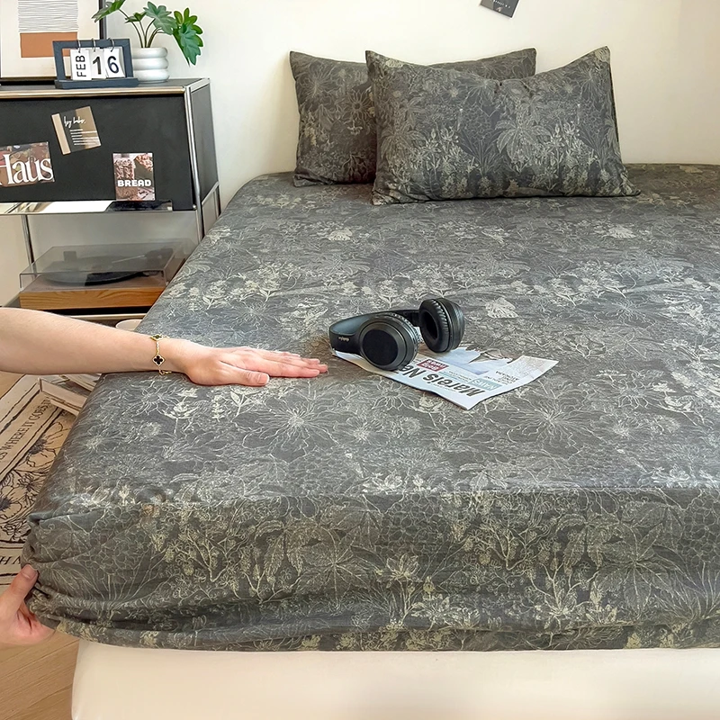 Retro Style Fitted Bed Sheet Raw Linen Material Bed Sheet All-inclusive Mattress Cover Flower Printed Single/Queen/King Bedsheet