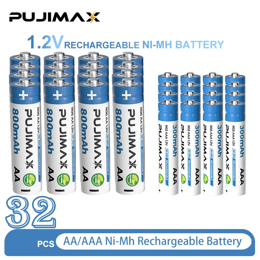 PUJIMAX 1,2V AA AAA Ni-MH Wiederaufladbare Batterien AA 800mAh AAA 300mAh Akku für Garten-Solarlampe LED-Taschenlampe Laterne Fackel