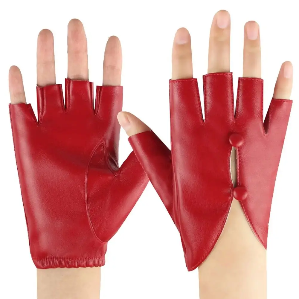 PU Leather Women Leather Gloves Anti-Slip Palm Guard Dance Performance Gloves Button Hole Gothic Half Finger Gloves Four Seasons
