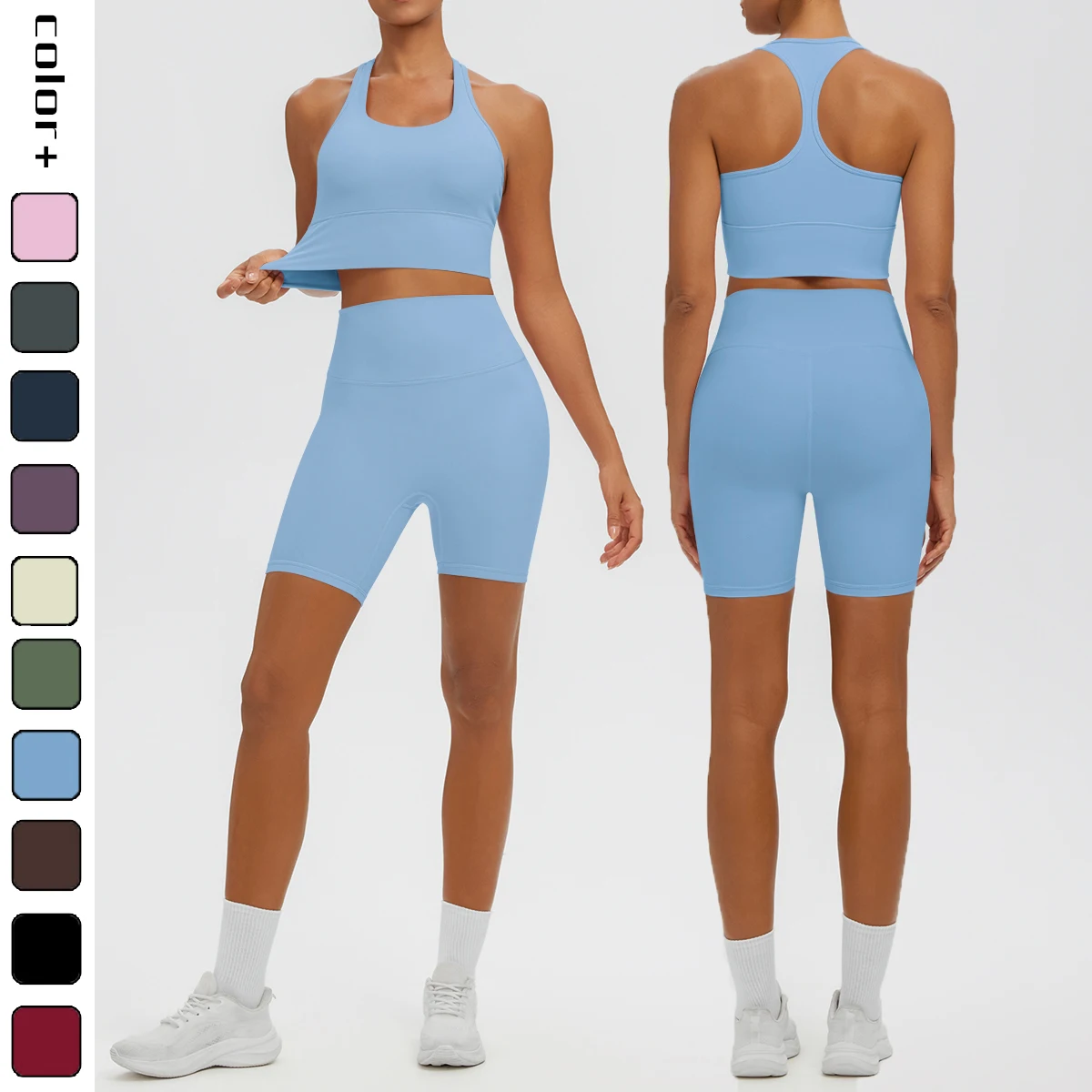 2PCS Women Gym Clothing Yoga Set Summer Backless I-shaped Vest Solid Color Breathable Hip-lifting Fitness Shorts Yoga Set