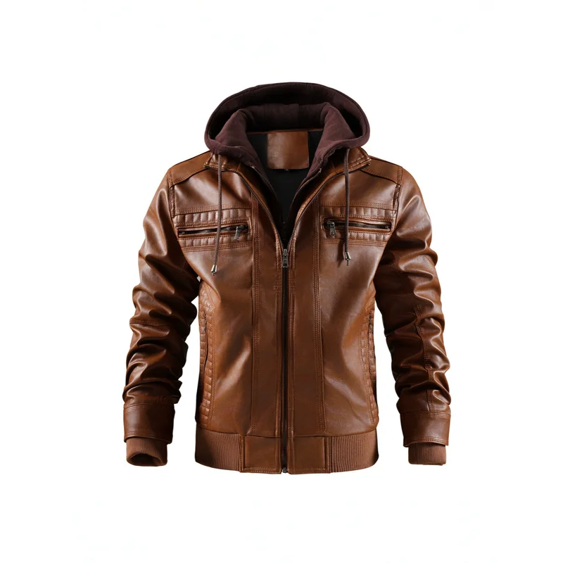 Men's Fashion Leather Biker Jacket Vintage Hooded Motorcycle Rider Coat Windproof Waterproof Moto Outerwear With Hood