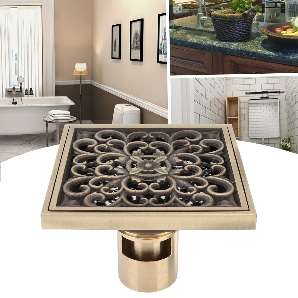 Antique Finish Shower Drain Kit Copper Material 10x10cm/3.9x3.9in Size Drain Strainer Fits 50/75mm Pipe Square Shape