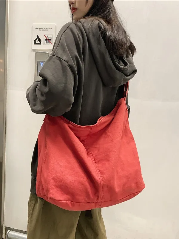 Casual Large Capacity Washed Canvas Sling Bag Leisure Crossbody Bag Student Single Shoulder Bag Simple Artistic Korean Style
