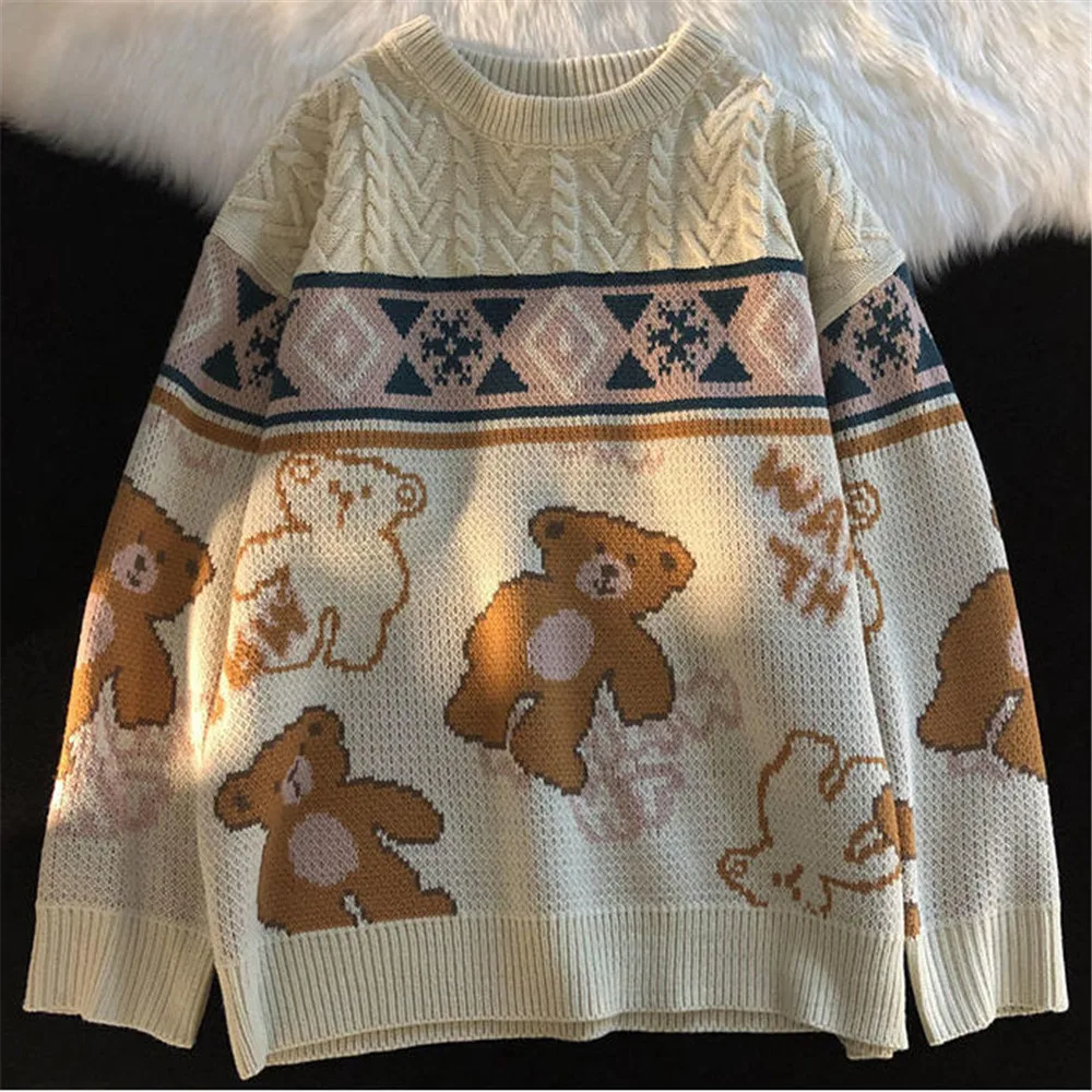 Harajuku Sweater Cute Bear Top High Street Knit Sweater Top Autumn Pullover Loose Kawaii White Ladies Couple Sweater 2024 Men