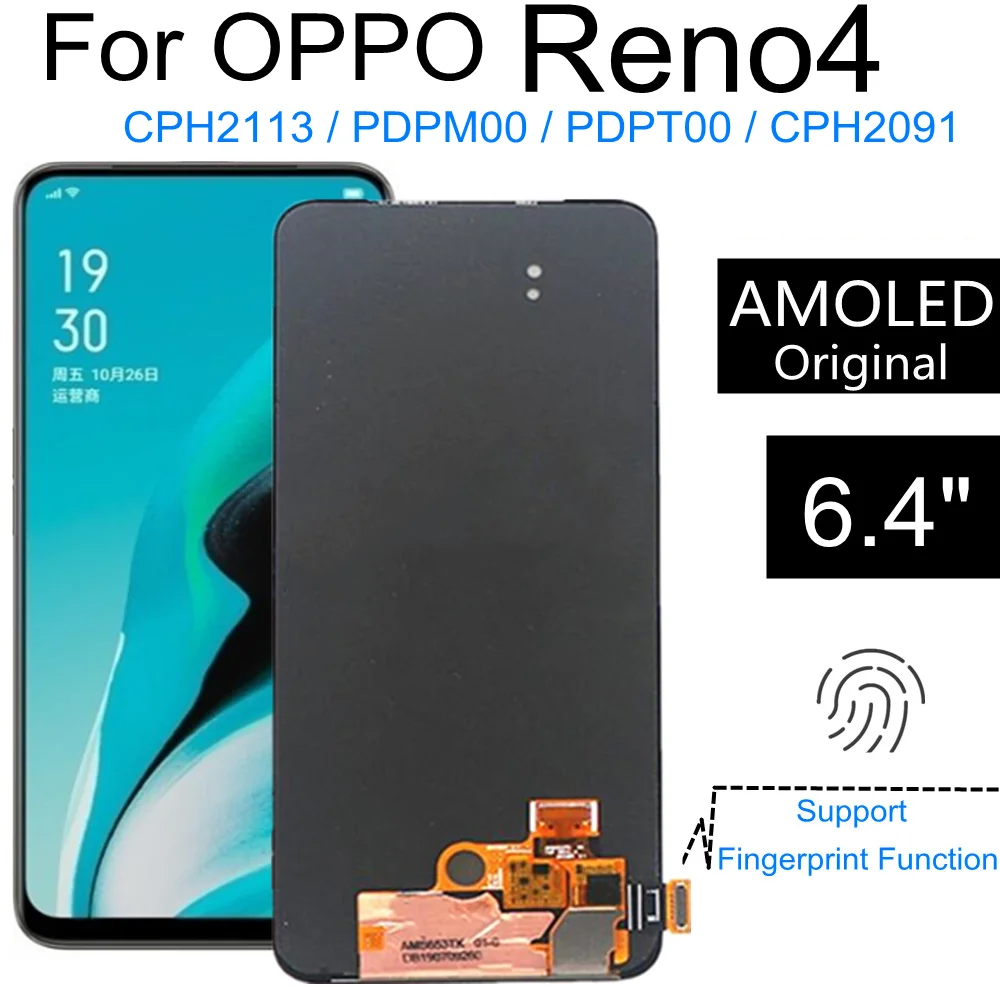 AMOLED For OPPO Reno4 CPH2113 4G LCD Display Touch Screen Digitizer Assembly For Reno 4 PDPM00 CPH2091 PDPT00 5G LCD Display