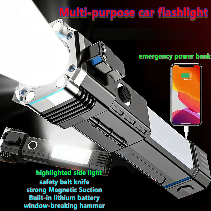 Led Flashlight with Safety Hammer Work Light Emergency Self-Rescue Broken Window Torch USB Rechargeable Tactical Light Lantern