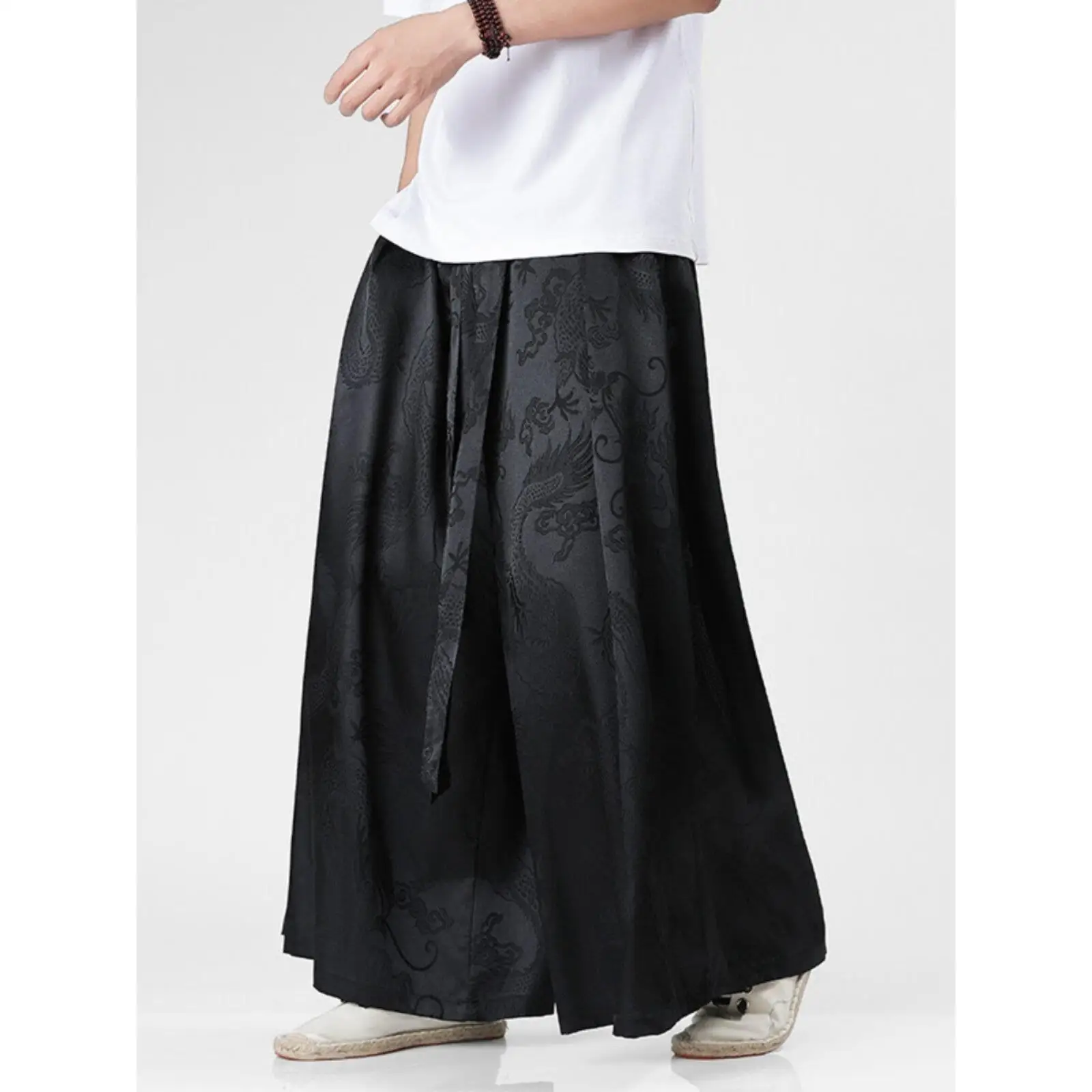 

Thickened Wide Leg Acetate Pants for Men with Dragon Pattern Autumn Winter New Fashion Ethnic Style Fleece Skirt