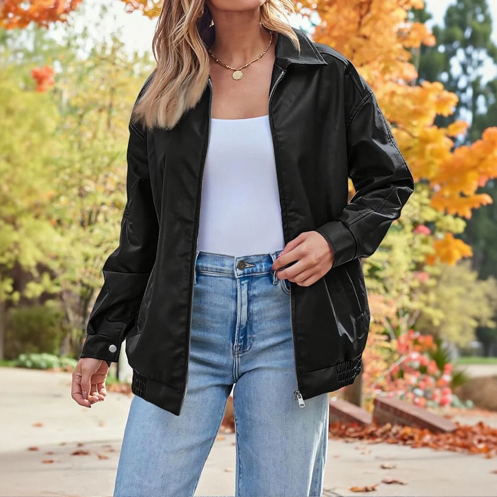 

Женская мотоциклетная куртка большого размера, кожаная с длинными рукавами, свободная мода в европейском и американском стиле на осень-зиму