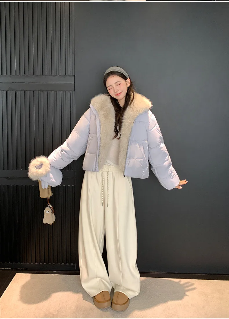 Korean Women's Short Puffer Jacket with Large Fur Collar Women Loose Thick Padded Cotton Coats Female Solid Casual Zipper Parkas