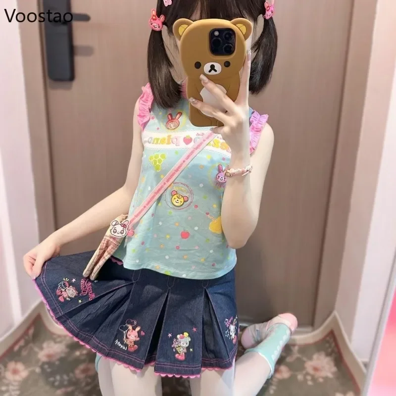 Japanese Cartoon Print Lolita T-shirt Women Sweet Y2k Aesthetic Flying Sleeve Crop Tops Girls Harajuku Grunge Kawaii Summer Tees