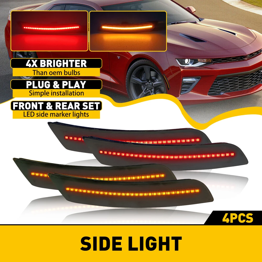 LED Side Marker Lights Front Rear For 2016 2017 2018 2019 2020 2021 Chevy Camaro Chrome Yellow Red Smoked Lens Car Fender Lamp