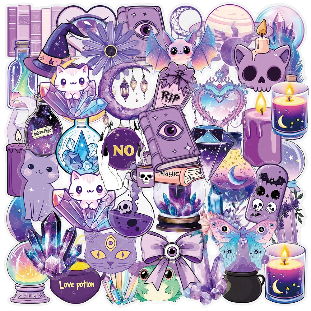 

10/30/50pcs Transparent Laser Purple Gothic Witch Stickers Cartoon Aesthetic Sticker Skateboard Phone Suitcase Decals Decoration