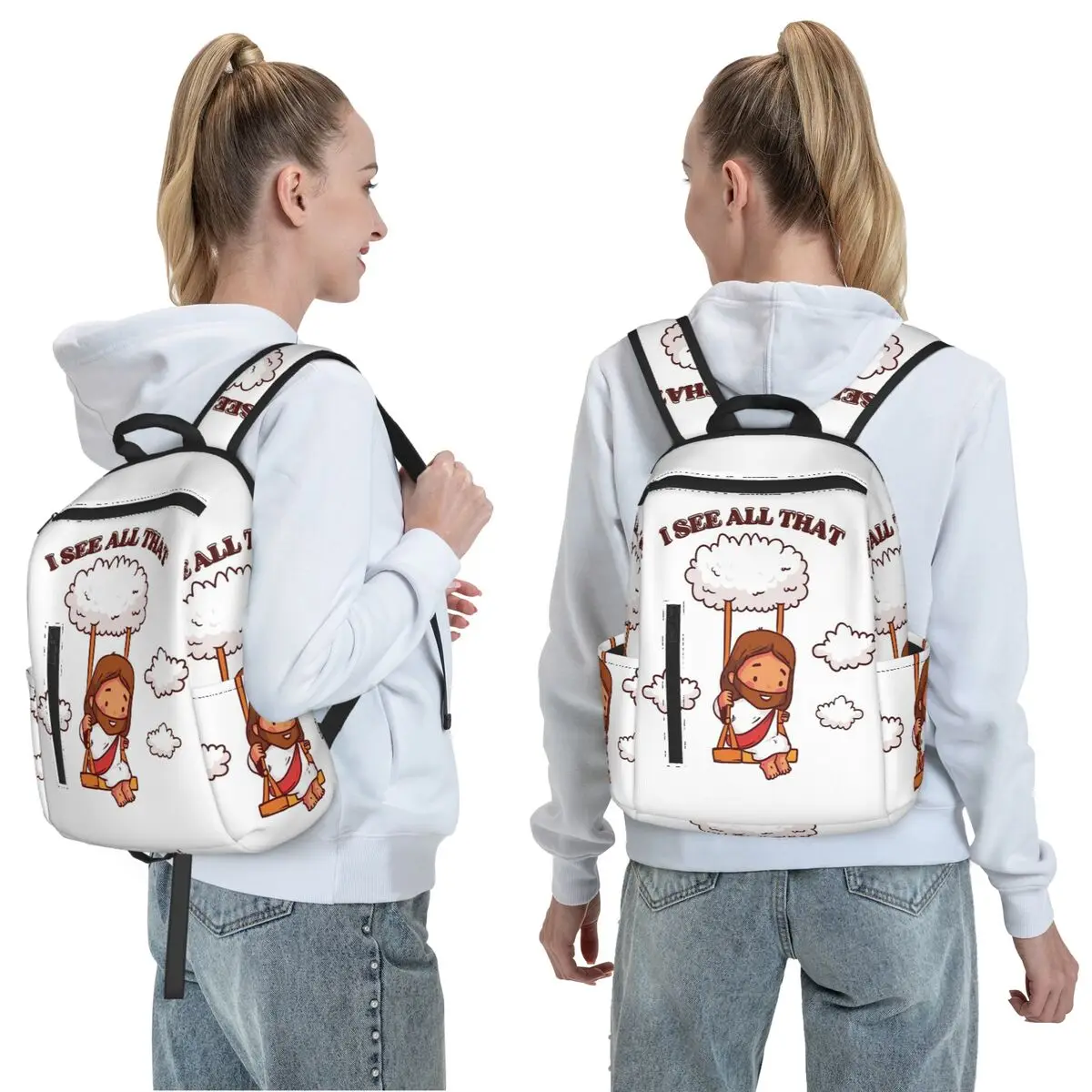 I See All That Cute Jesus On A Cloud Swing Backpack Daypack Large Capacity BookBag School Bag Shoulder Bags for Men Women