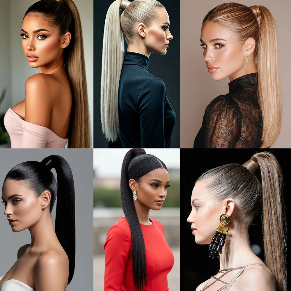 ذيل حصان صناعي طويل مستقيم بطول 26 بوصة وصلة شعر متعرجة من الألياف باللون الأسود والأشقر شعر مستعار على شكل ذيل حصان