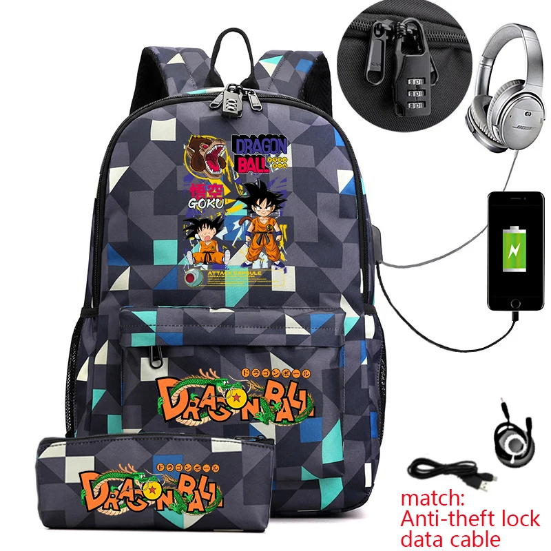 ドラゴンボール-z-プリント盗難防止スクールバックパック-ペンシルケース付き-子供用-ティーン用-軽量-カジュアル-デイパック